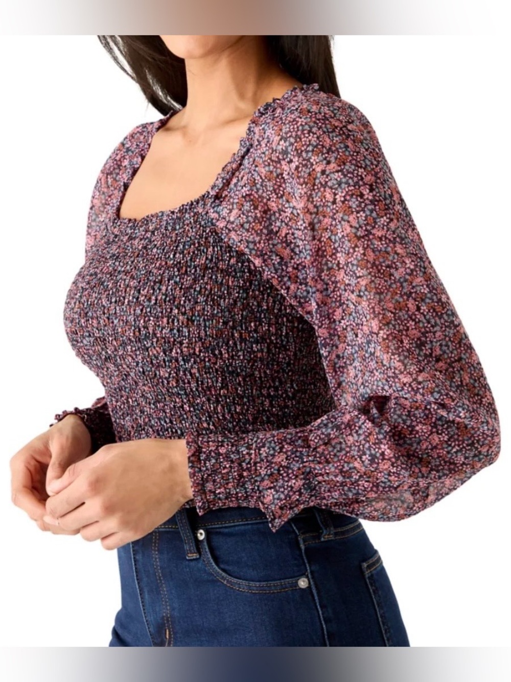 1 State | Coquette Long Sleeve Square Neck Smocked Bodice Top